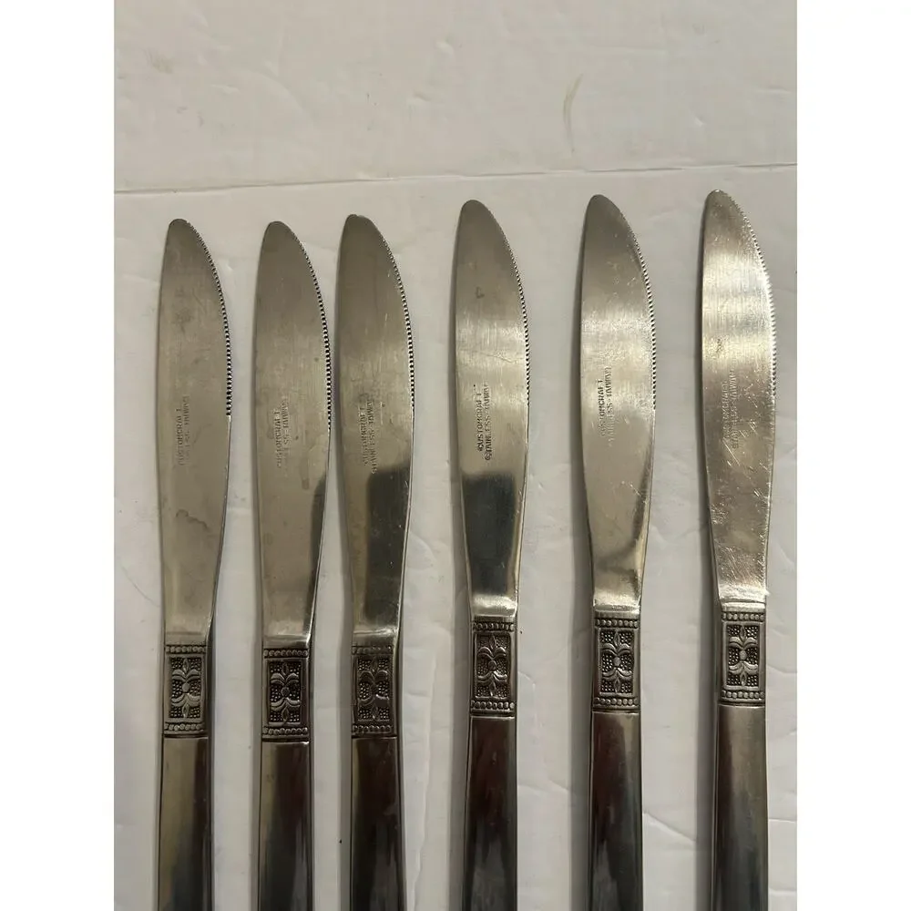 Vintage‎ Customcraft Fluer De Lis Set Of 6 Dinner Knives Stainless Flatware CUS3